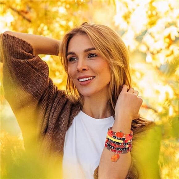 Fall Bracelets for Women – Adjustable Beaded Heishi Stack - Picture 4 of 8